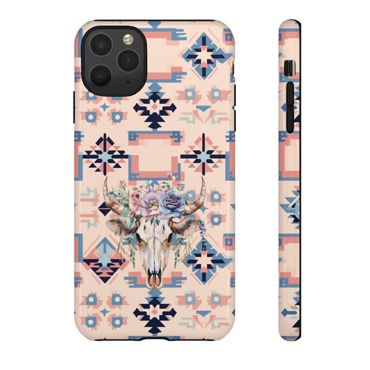 Phone Case, Cowgirl Case Pink Aztec Phone Cover with Boho Floral Cow Skull Design for iPhone 15 14 13 12 Samsung S23 S22 S21, Gifts for Her