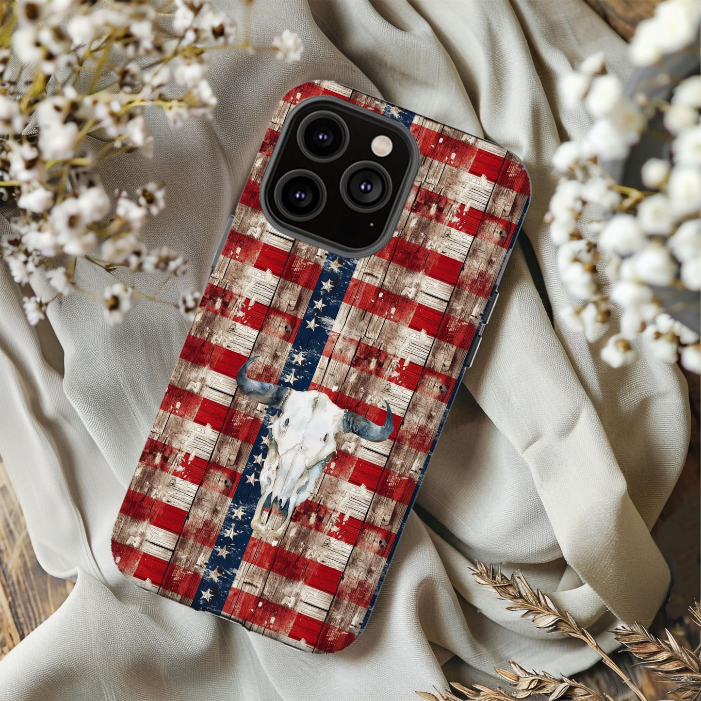 Western Phone Case, America Country Cover, USA Cowboy Patriotic Cell Accessory, Cowgirl Gifts for Her, American Flag Cow Skull, 4th of July