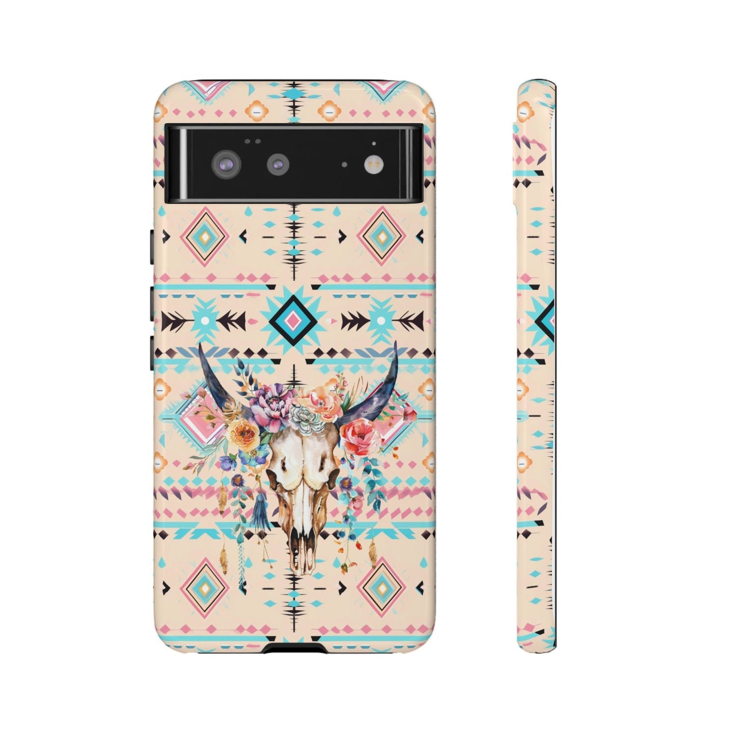 Pink Phone Case, Aztec Tribal Western Phone Case with Floral Cow Skull, Country Cowgirl Cover for iPhone 15 14 13 12 Samsung Ultra Google