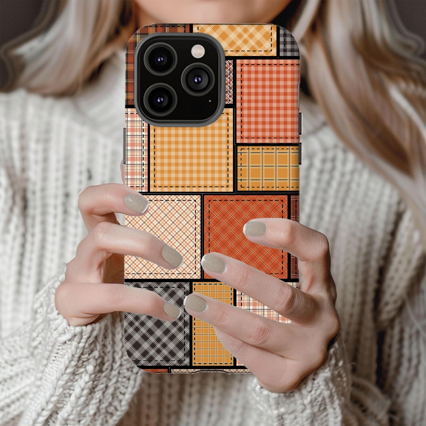 Fall Phone Case, Country Fall Cover, Autumn Patchwork Cell Accessory, Western Orange Plaid, Gifts for Her, Cowgirl Vibes, iPhone 16, Samsung