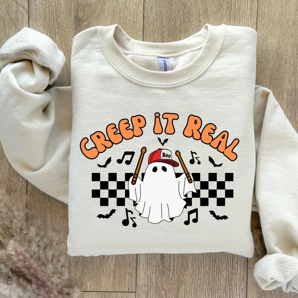 Halloween Sweatshirt Creep It Real Retro Drummer Ghost Halloween Shirt Musician Gift for Her