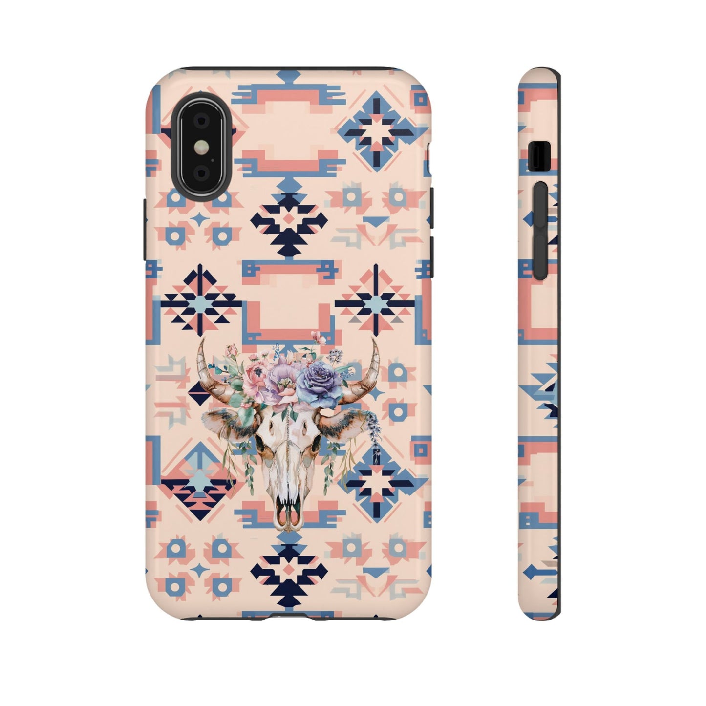 Phone Case, Cowgirl Case Pink Aztec Phone Cover with Boho Floral Cow Skull Design for iPhone 15 14 13 12 Samsung S23 S22 S21, Gifts for Her