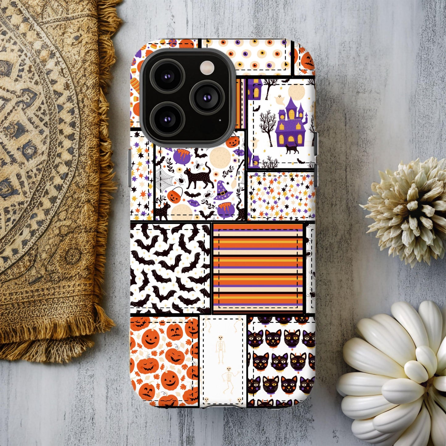 Cute Halloween Phone Case, Country Fall Cover, Cowboy Autumn Phone Accessory, Orange Patchwork Quilt, Gifts for Her, iPhone 16 15, Samsung