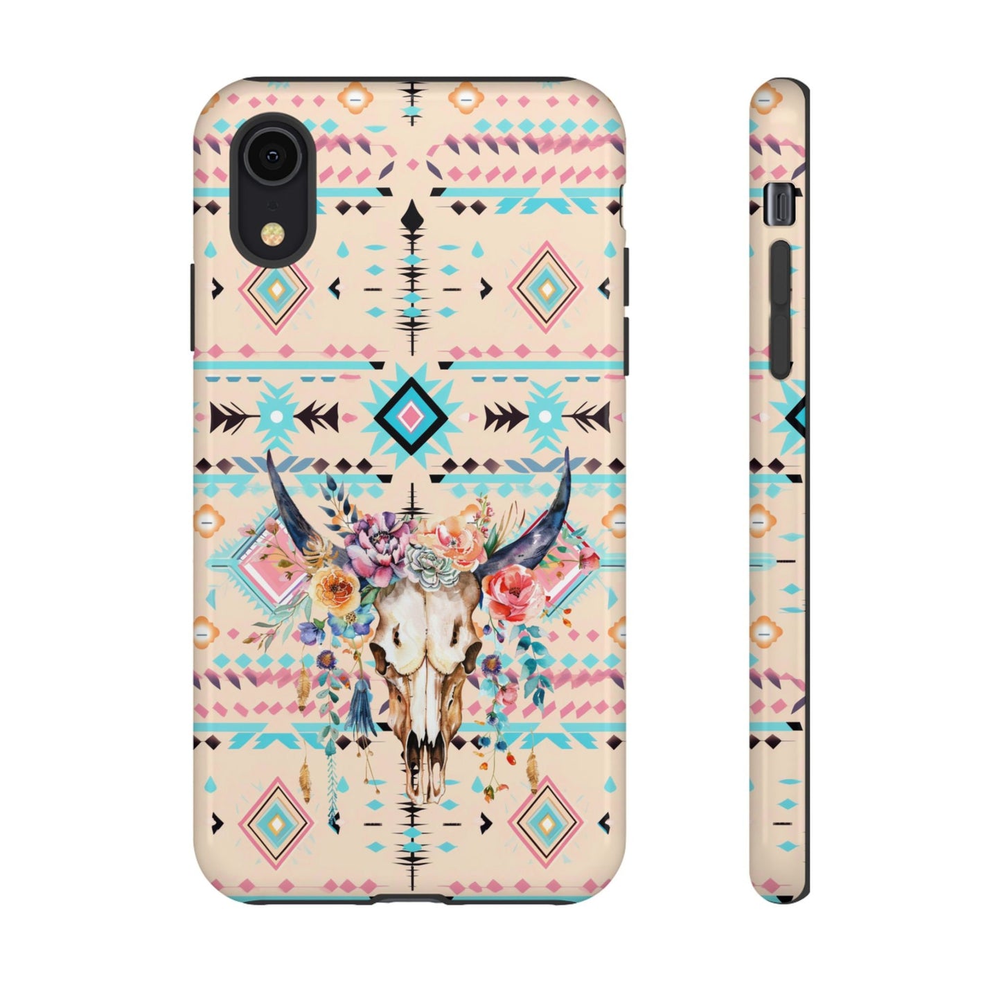 Pink Phone Case, Aztec Tribal Western Phone Case with Floral Cow Skull, Country Cowgirl Cover for iPhone 15 14 13 12 Samsung Ultra Google