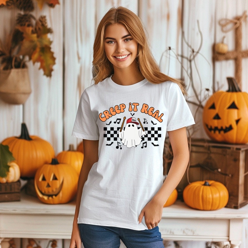 Halloween Shirt Creep It Real Retro Drummer Ghost Halloween T-Shirt Musician Gifts for Her 80s