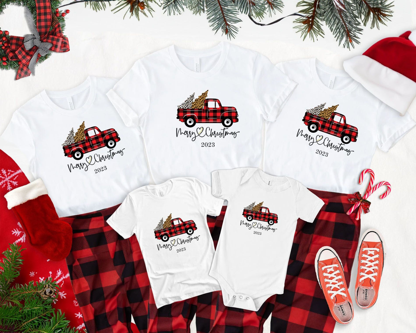 Christmas Shirt, 2024 Matching Family Christmas T-Shirts, Matching Family Christmas TShirts, Buffalo Plaid Pickup Truck Graphic Tee Gifts