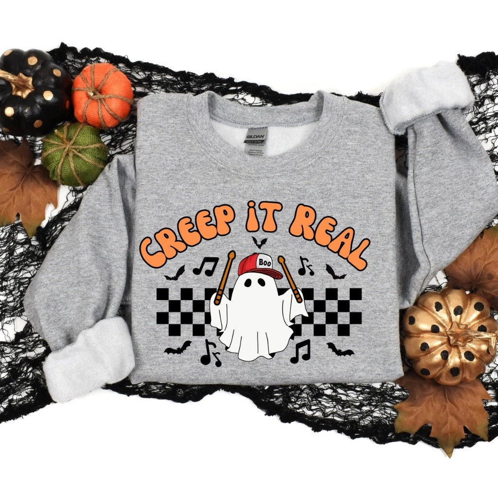 Halloween Sweatshirt Creep It Real Retro Drummer Ghost Halloween Shirt Musician Gift for Her