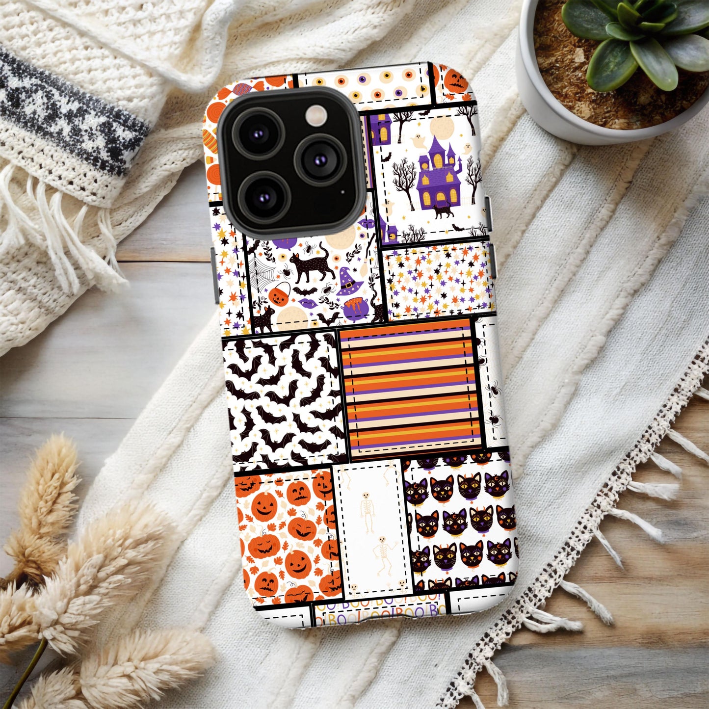 Cute Halloween Phone Case, Country Fall Cover, Cowboy Autumn Phone Accessory, Orange Patchwork Quilt, Gifts for Her, iPhone 16 15, Samsung