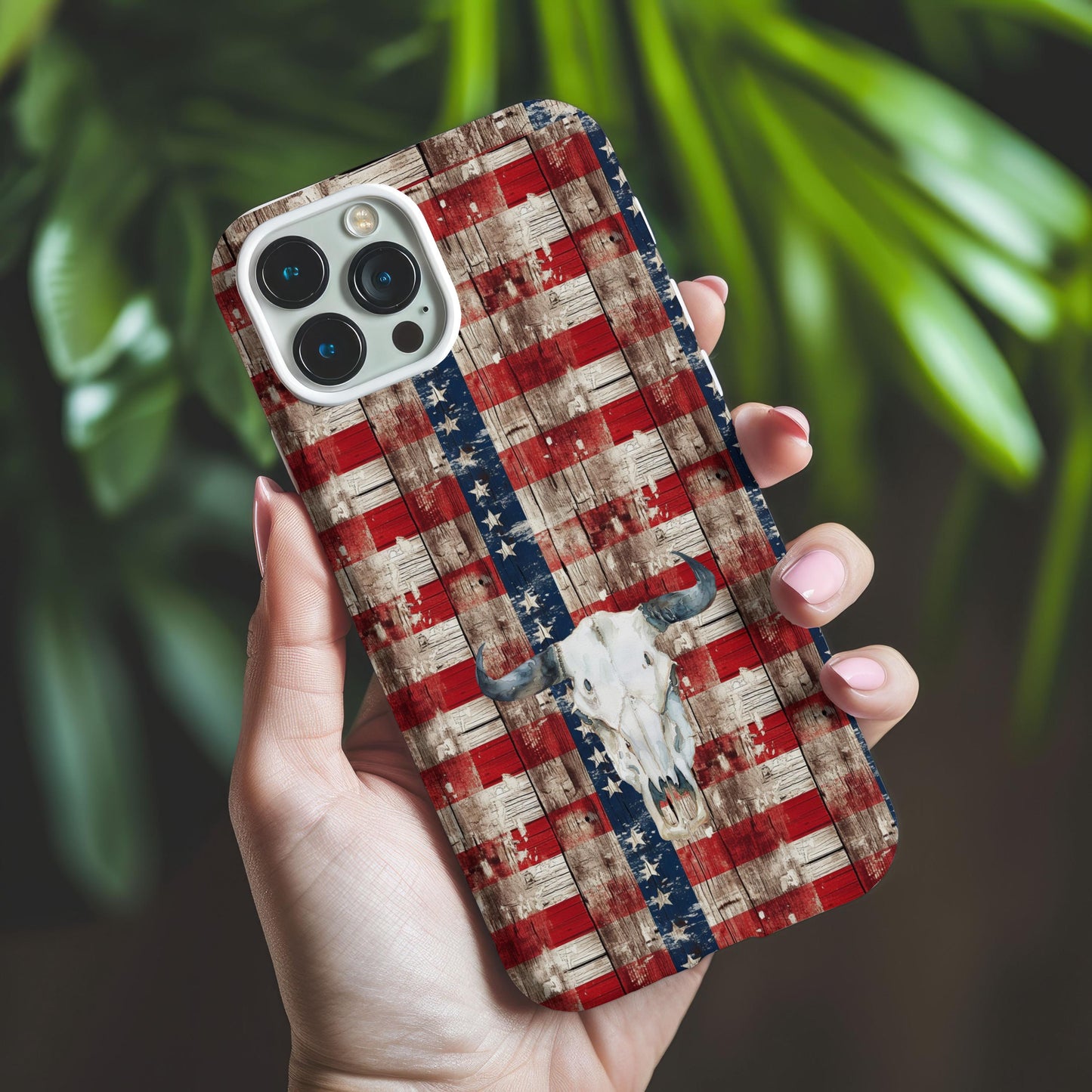 Western Phone Case, America Country Cover, USA Cowboy Patriotic Cell Accessory, Cowgirl Gifts for Her, American Flag Cow Skull, 4th of July