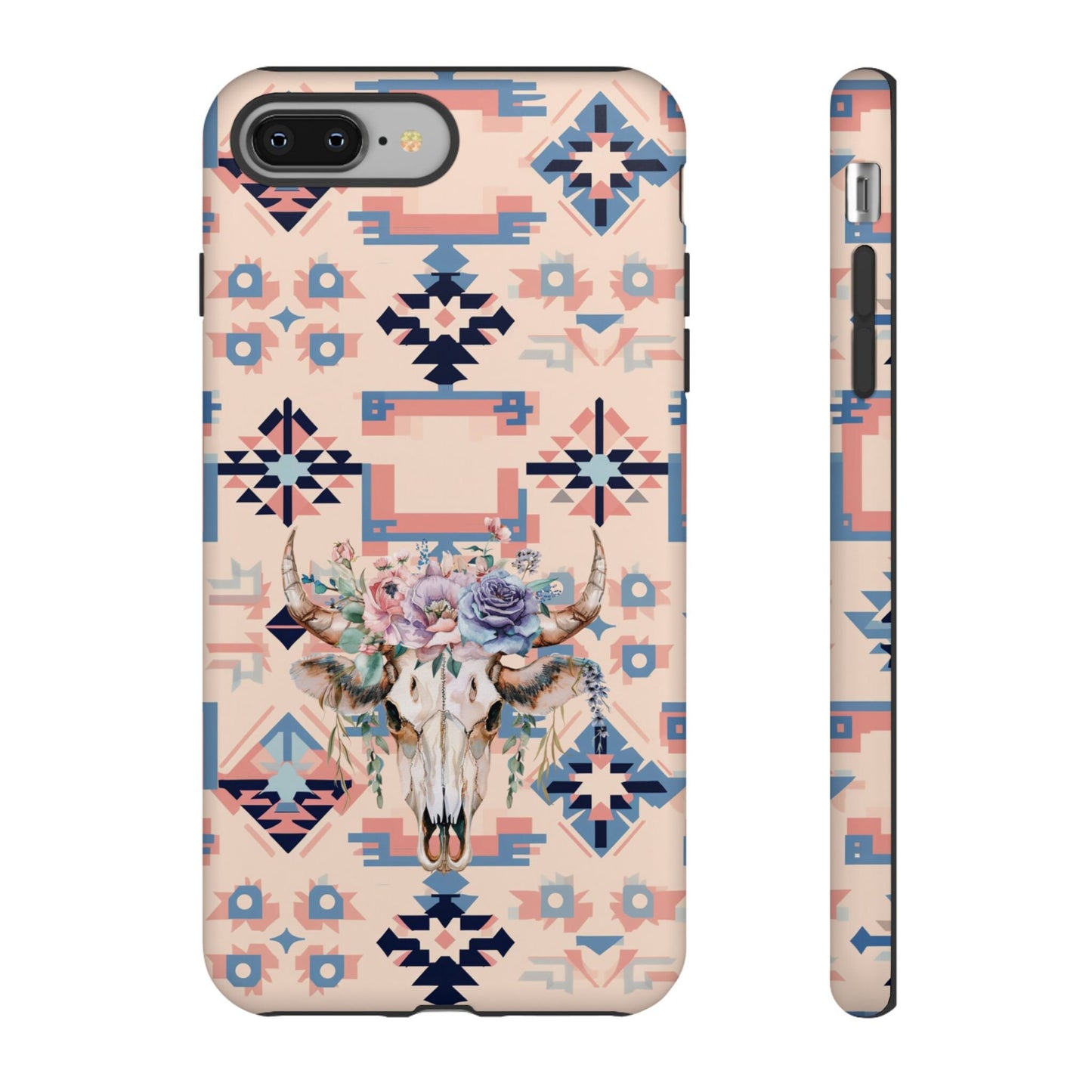 Phone Case, Cowgirl Case Pink Aztec Phone Cover with Boho Floral Cow Skull Design for iPhone 15 14 13 12 Samsung S23 S22 S21, Gifts for Her