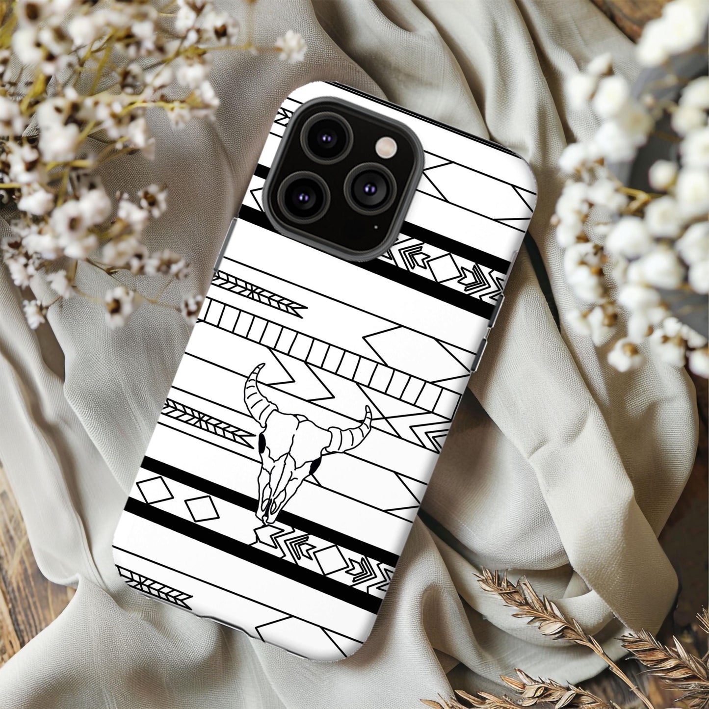 Phone Case, Western Phone Cover, Native American & Cow Skull Design for iPhone 15 14 13 12 Samsung Google Pixel, Cowgirl Gifts for her