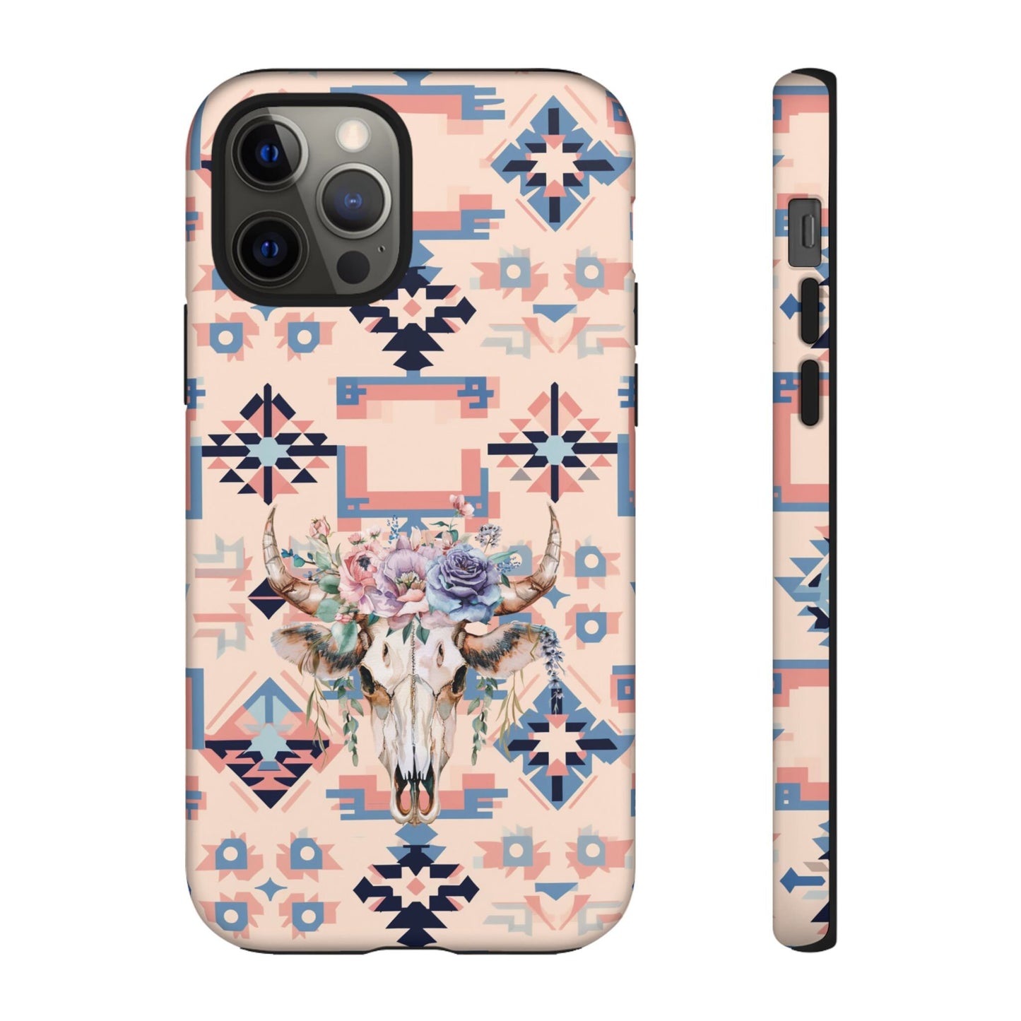 Phone Case, Cowgirl Case Pink Aztec Phone Cover with Boho Floral Cow Skull Design for iPhone 15 14 13 12 Samsung S23 S22 S21, Gifts for Her