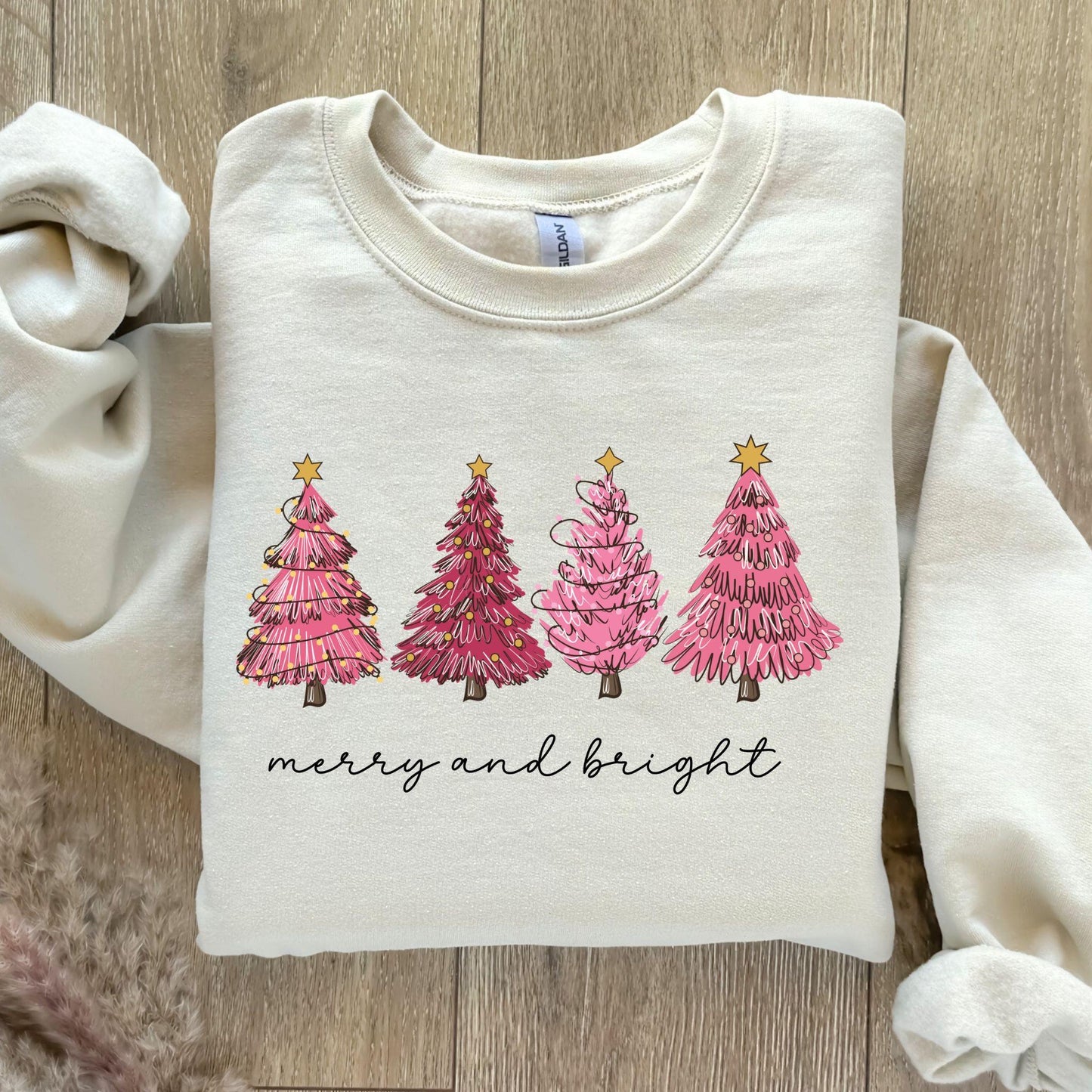 Pink Christmas Sweatshirt, Merry Christmas Shirt, Pink Christmas Tree Sweatshirt, Holiday Hoodie, Winter Sweater, Gifts for Her, Mom Gifts