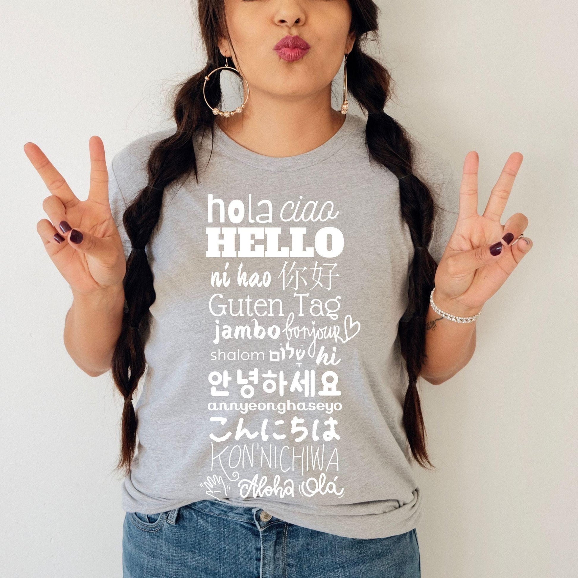 Hello Shirt, Greetings in Different Languages Around the World Tshirt, Multicultural Graphic Tee, Hey Hi T-Shirt, Teacher Gifts for Her