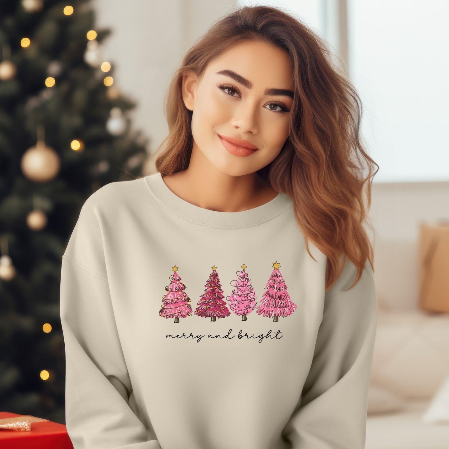 Pink Christmas Sweatshirt, Merry Christmas Shirt, Pink Christmas Tree Sweatshirt, Holiday Hoodie, Winter Sweater, Gifts for Her, Mom Gifts