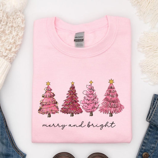 Pink Christmas Sweatshirt, Merry Christmas Shirt, Pink Christmas Tree Sweatshirt, Holiday Hoodie, Winter Sweater, Gifts for Her, Mom Gifts