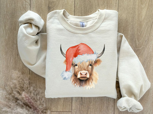 Highland Cow Wearing a Santa Hat Sweatshirt, Country Christmas Sweatshirt, Christmas Cow Sweatshirt, Holiday Shirt, Christmas Sweatshirt