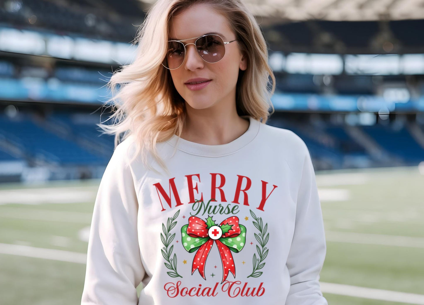 Merry Nurse Christmas Sweatshirt,RN Social Club Shirt with Coquette Bow, LPN Holiday Gift, Nursing Festive Apparel,