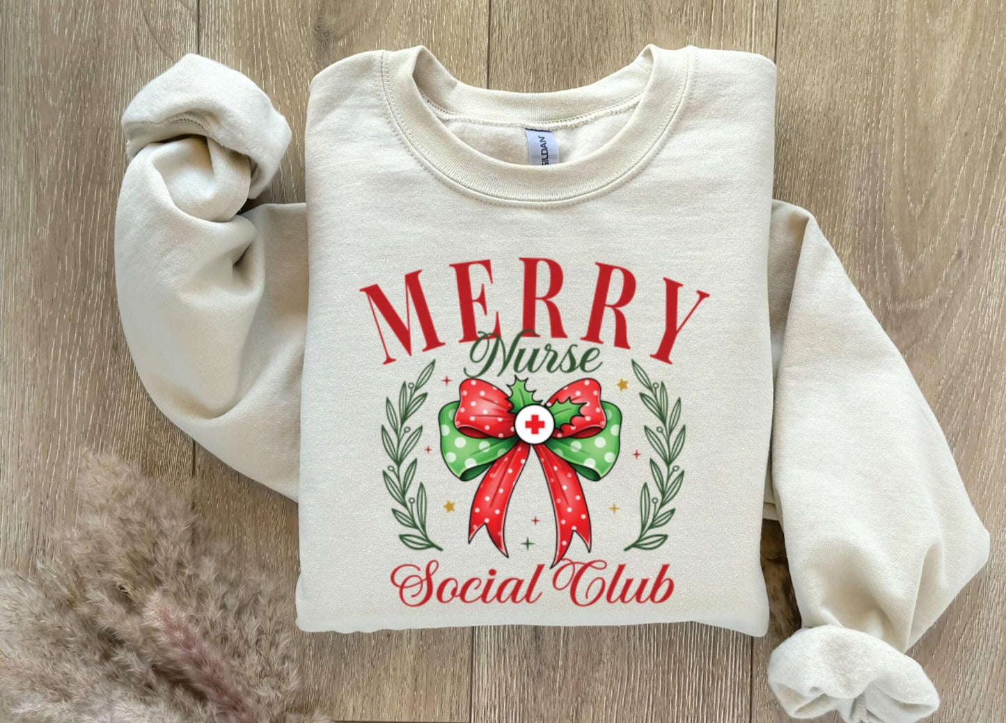 Merry Nurse Christmas Sweatshirt,RN Social Club Shirt with Coquette Bow, LPN Holiday Gift, Nursing Festive Apparel,