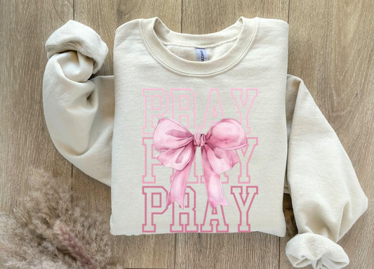 Christian Sweatshirt, PRAY Coquette Bow Sweatshirt, Religious Sweater, Christian Gifts for Her, Prayer Apparel