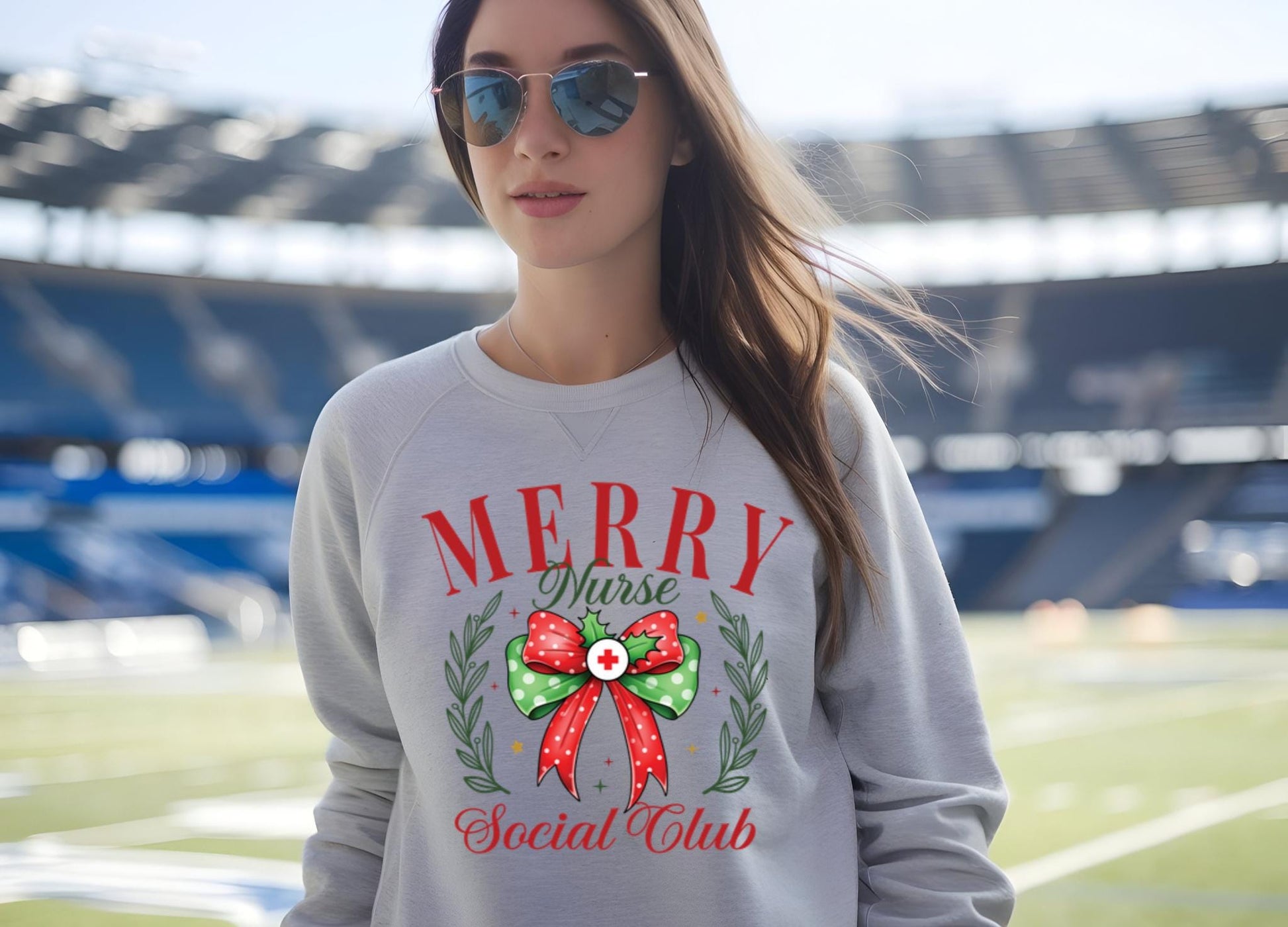 Merry Nurse Christmas Sweatshirt,RN Social Club Shirt with Coquette Bow, LPN Holiday Gift, Nursing Festive Apparel,