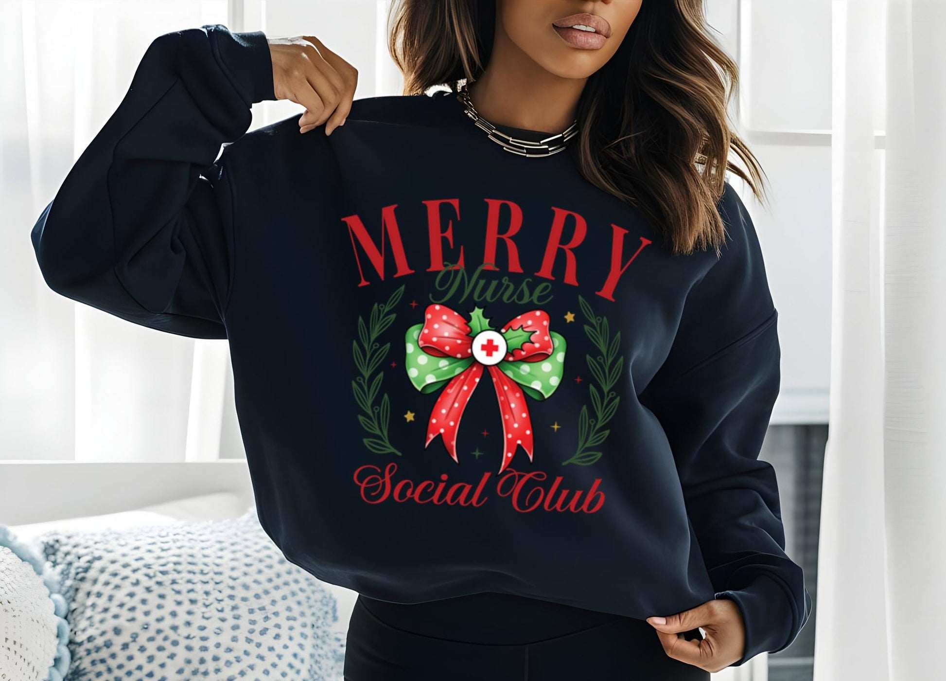 Merry Nurse Christmas Sweatshirt,RN Social Club Shirt with Coquette Bow, LPN Holiday Gift, Nursing Festive Apparel,